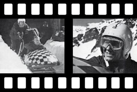 Filmstreifen mit Fotos der Dreharbeiten zum James-Bond-Film "Im Geheimdienst Ihrer Majestät" (On Her Majesty’s Secret Service) mit der Bob-Szene auf dem Schilthorn im Berner Oberland in der Schweiz